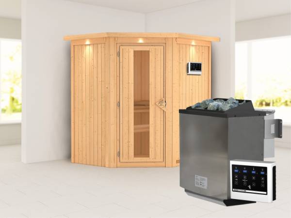 Karibu Sauna Taurin- energiesparende Saunatür- 4,5 kW Bioofen ext. Strg- mit Dachkranz