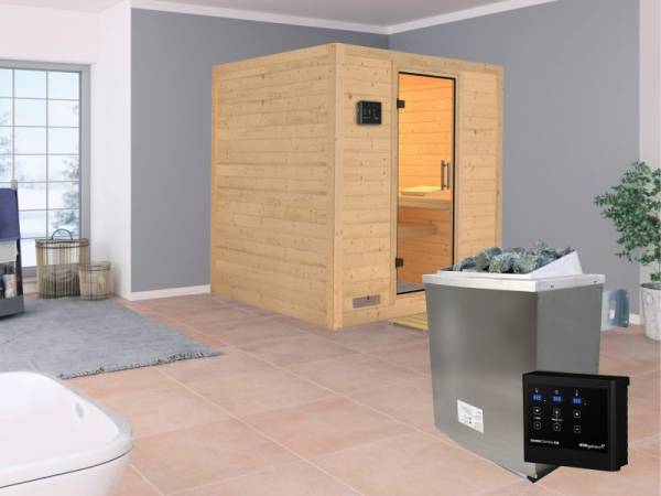 Karibu Aktionssauna Floki mit 9 kW Ofen ext. Strg. ohne Dachkranz Karibu Aktionssauna Floki mit 9 kW Ofen ext. Strg. ohne Dachkranz