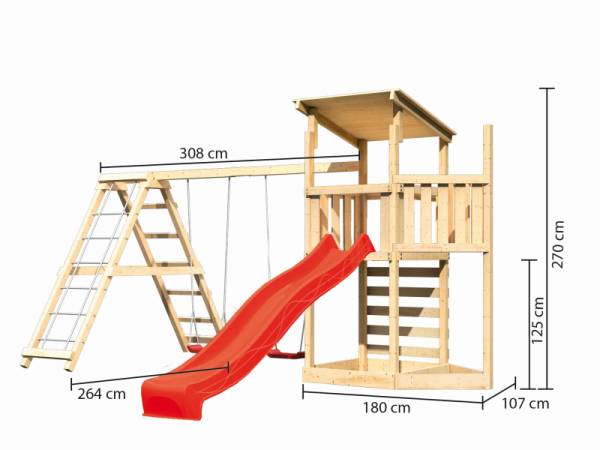 Akubi Spielturm Anna + Rutsche rot + Doppelschaukelanbau Klettergerüst + Kletterwand + Schiffsanbau oben