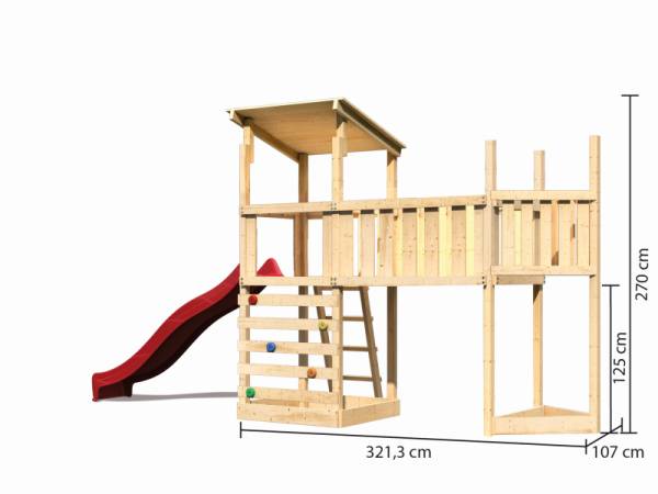 Akubi Spielturm Anna + Rutsche rot + Anbauplattform XL + Kletterwand + Schiffsanbau oben