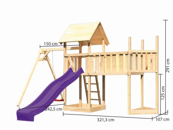 Akubi Spielturm Lotti Satteldach + Schiffsanbau oben + Einzelschaukel + Anbauplattform XL + Rutsche in violett