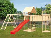 Akubi Spielturm Lotti Satteldach + Schiffsanbau oben + Doppelschaukel mit Klettergerüst + Anbauplattform XL + Kletterwand + Rutsche in rot