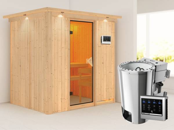 Fanja - Karibu Sauna Plug & Play inkl. 3,6 kW-Bioofen - mit Dachkranz -