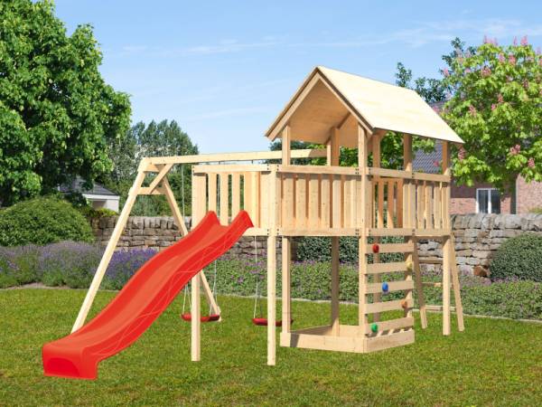 Akubi Spielturm Danny Satteldach + Rutsche rot + Doppelschaukel + Anbauplattform XL + Kletterwand