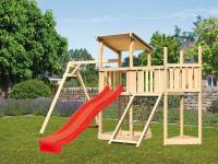 Akubi Spielturm Anna + Rutsche rot + Einzelschaukel + Anbauplattform + Netzrampe + Schiffsanbau oben