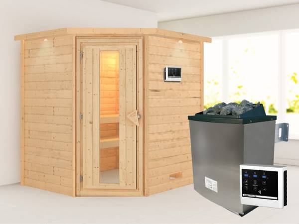 Karibu Sauna Mia inkl. 9 kW Ofen ext. Steuerung, mit energiesparender Saunatür -mit Dachkranz-