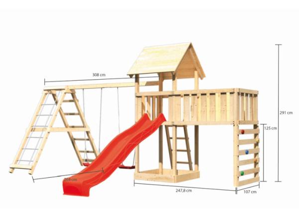 Akubi Spielturm Lotti Satteldach + Rutsche rot + Doppelschaukel Klettergerüst + Anbauplattform XL + Kletterwand