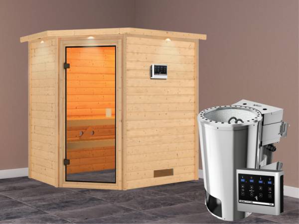 Cilja - Karibu Sauna Plug &amp; Play inkl. 3,6 kW-Bioofen - mit Dachkranz -