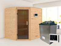 Karibu Sauna Mia- moderne Saunatür- 4,5 kW Ofen ext. Strg- ohne Dachkranz