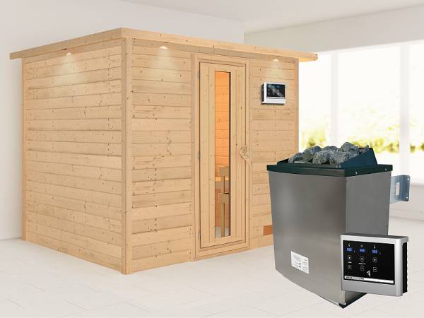 Karibu Sauna Karla 38 mm mit Dachkranz- 9 kW Ofen ext. Strg- energiesparende Tür