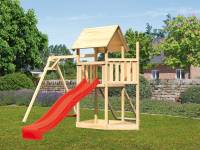 Akubi Spielturm Lotti Satteldach + Schiffsanbau oben + Einzelschaukel + Netzrampe + Rutsche in rot