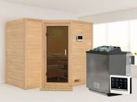 Karibu Sauna Sahib 2 inkl. 9-kW-Bioofen mit externer Steuerung, ohne Dachkranz, mit moderner Saunatür