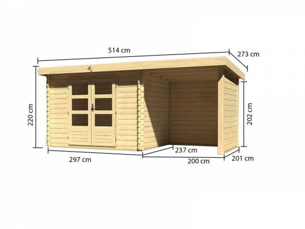 Karibu Woodfeeling Gartenhaus Bastrup 3 mit Schleppdach 2 Meter Rück- und Seitenwand