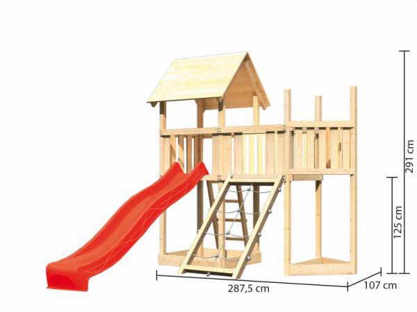 Akubi Spielturm Lotti Satteldach + Schiffsanbau oben + Anbauplattform + Netzrampe + Rutsche in rot