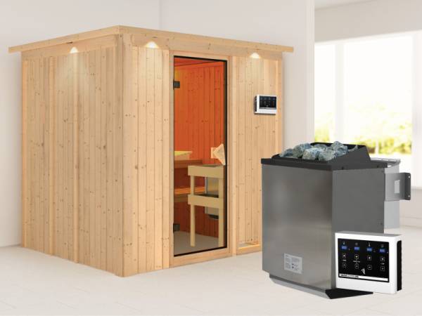 Karibu Sauna Sodin 68 mm- klassische Saunatür- 4,5 kW Bioofen ext. Strg- mit Dachkranz