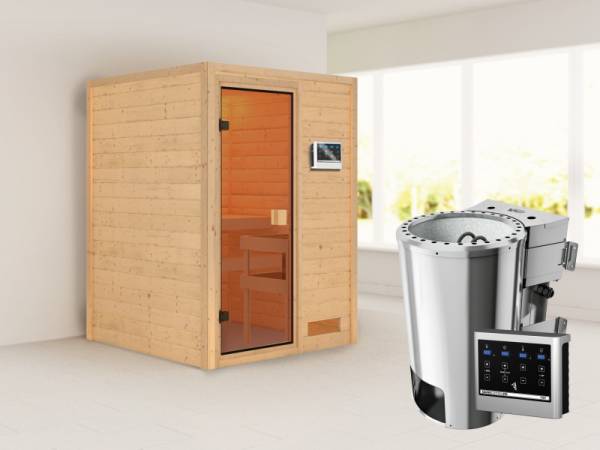 Nadja - Karibu Sauna Plug &amp; Play inkl. 3,6 kW-Bioofen - ohne Dachkranz -