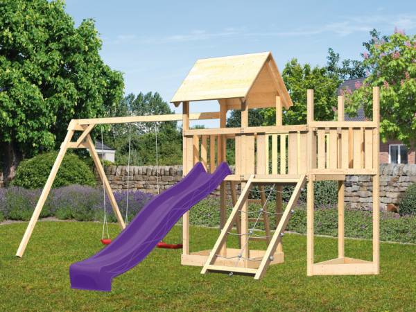 Akubi Spielturm Lotti Satteldach + Schiffsanbau oben + Anbauplattform + Doppelschaukel + Netzrampe + Rutsche in violett