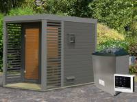 Karibu Hybrid Saunahaus Ares 1, terragrau/staubgrau -inkl. 9 kW Ofen ext. Steuerung-