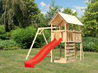 Akubi Spielturm Danny Satteldach + Rutsche rot + Einzelschaukel + Kletterwand