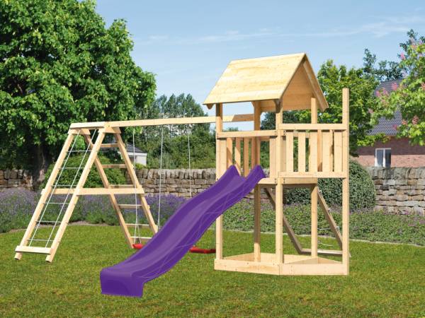 Akubi Spielturm Lotti Satteldach + Schiffsanbau oben + Doppelschaukel mit Klettergerüst + Netzrampe + Rutsche in violett