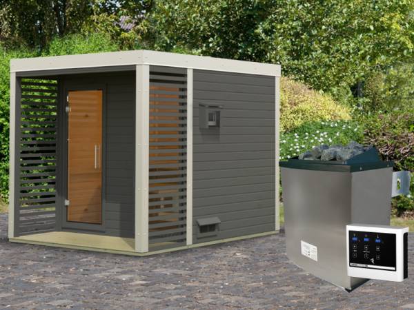 Karibu Hybrid Saunahaus Ares 2, terragrau/weiß -inkl. 9 kW Ofen ext. Steuerung-