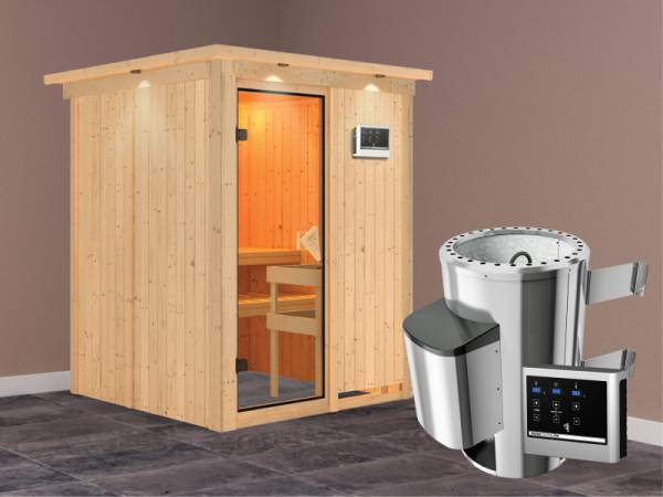 Minja - Karibu Sauna Plug &amp; Play inkl. 3,6 kW-Ofen - mit Dachkranz -