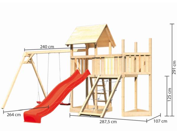 Akubi Spielturm Lotti Satteldach + Schiffsanbau oben + Anbauplattform + Doppelschaukel + Netzrampe + Rutsche in rot