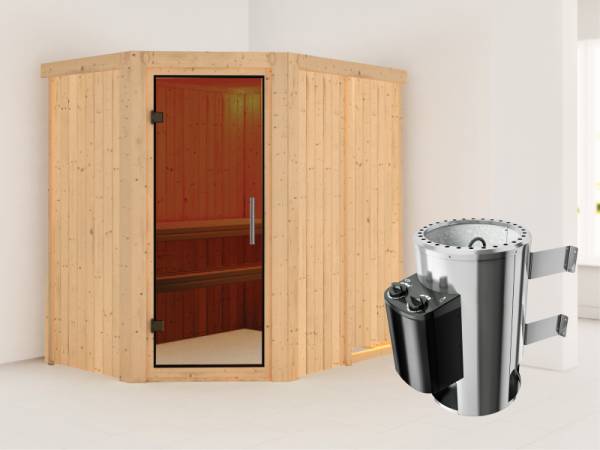 Saja - Karibu Sauna Plug & Play 3,6 kW Ofen, int. Steuerung - ohne Dachkranz - Moderne Saunatür