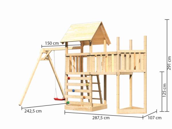 Akubi Spielturm Lotti Satteldach + Schiffsanbau oben + Anbauplattform + Einzelschaukel + Kletterwand
