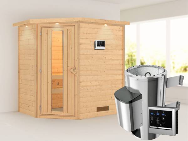 Cilja - Karibu Sauna Plug & Play 3,6 kW Ofen, ext. Steuerung - mit Dachkranz - Energiespartür
