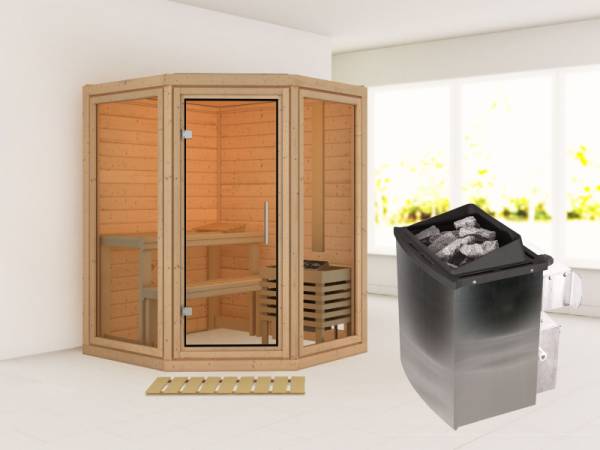Karibu Sauna Yuma, inkl. 9 kW Ofen integr. Steuerung, mit Klarglas Ganzglastür