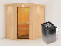 Karibu Sauna Carin inkl. 9 kW-Ofen integr. Steuerung mit bronzierter Ganzglastür - mit Dachkranz -