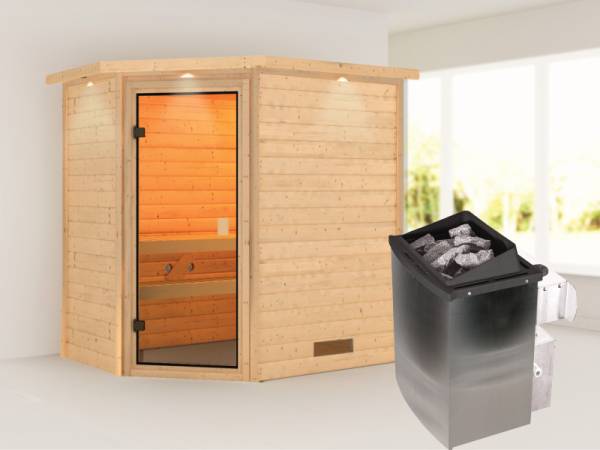 Karibu Sauna Svea inkl. 9 kW Ofen integr. Steuerung mit klassischer Tür -mit Dachkranz-