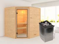 Karibu Sauna Mia inkl. 9 kW Ofen integr. Steuerung, mit Klarglas Ganzglassaunatür -ohne Dachkranz-