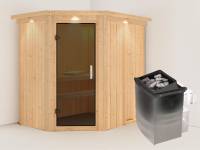 Karibu Sauna Carin inkl. 9 kW Ofen integr. Steuerung mit moderner Saunatür - mit Dachkranz -