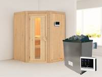 Karibu Sauna Larin- energiesparende Saunatür- 4,5 kW Ofen ext. Strg- ohne Dachkranz