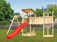 Akubi Spielturm Anna + Rutsche rot + Einzelschaukel + Anbauplattform XL + Kletterwand + Schiffsanbau oben