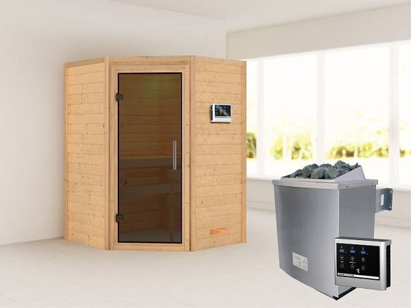 Karibu Woodfeeling Sauna Franka - Moderne Saunatür - 4,5 kW Ofen ext. Strg. - ohne Dachkranz