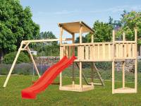 Akubi Spielturm Anna + Rutsche rot + Doppelschaukel + Anbauplattform XL + Netzrampe + Schiffsanbau oben