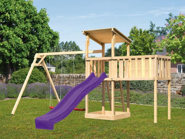 Akubi Spielturm Anna + Rutsche violett + Doppelschaukel + Anbauplattform XL