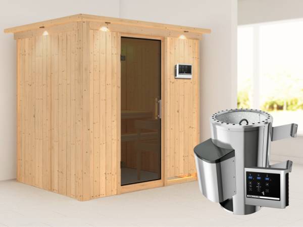 Fanja - Karibu Sauna Plug & Play 3,6 kW Ofen, ext. Steuerung - mit Dachkranz - Moderne Saunatür