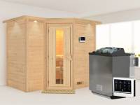 Karibu Sauna Sahib 2 inkl. 9-kW-Bioofen mit externer Steuerung, mit Dachkranz, mit energiesparender Saunatür