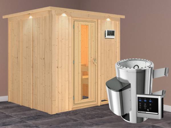 Daria - Karibu Sauna Plug &amp; Play 3,6 kW Ofen, ext. Steuerung - mit Dachkranz - Energiespartür