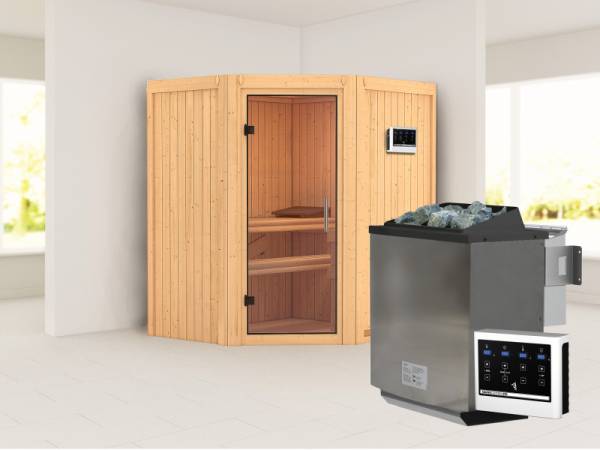 Karibu Sauna Taurin- klarglas Saunatür- 4,5 kW Bioofen ext. Strg- ohne Dachkranz