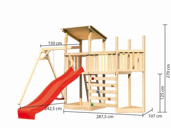 Akubi Spielturm Anna + Rutsche rot + Einzelschaukel + Anbauplattform + Kletterwand + Schiffsanbau oben