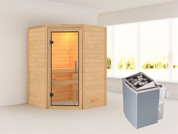 Karibu Woodfeeling Sauna Franka - Klarglas Saunatür - 4,5 kW Ofen integr. Strg - ohne Dachkranz