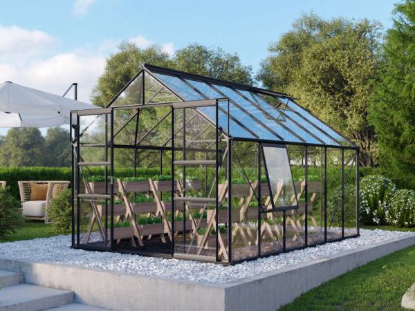 Vitavia Gewächshaus Meridian 2, 9900 ESG 3mm, schwarz, mit Doppelschiebetür