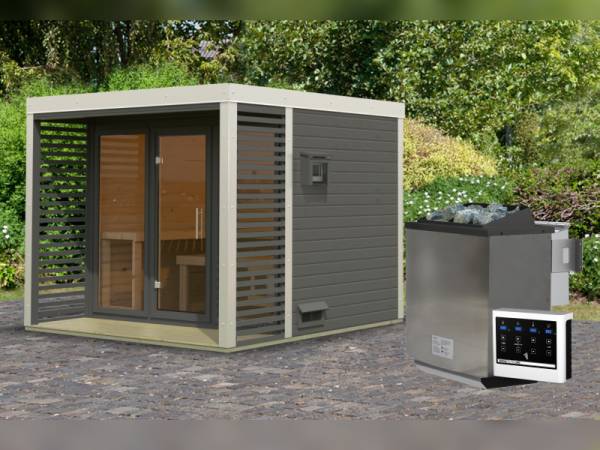 Karibu Hybrid Saunahaus Ares 3, terragrau/weiß -inkl. 9 kW Bioofen ext. Steuerung-