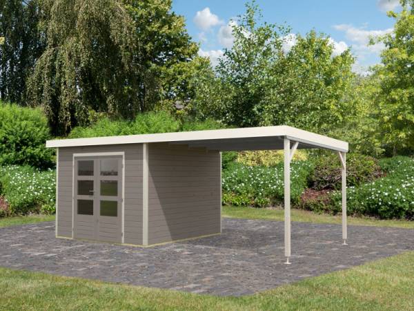 Osb smart choice Hybrid Gartenhaus Woodtallic D wassergrau/weiß im Set mit Fußboden, inkl. 3 m Anbaudach