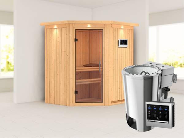 Tonja - Karibu Sauna Plug & Play 3,6 kW Bio Ofen, ext. Steuerung - mit Dachkranz - Klarglas Ganzglastür